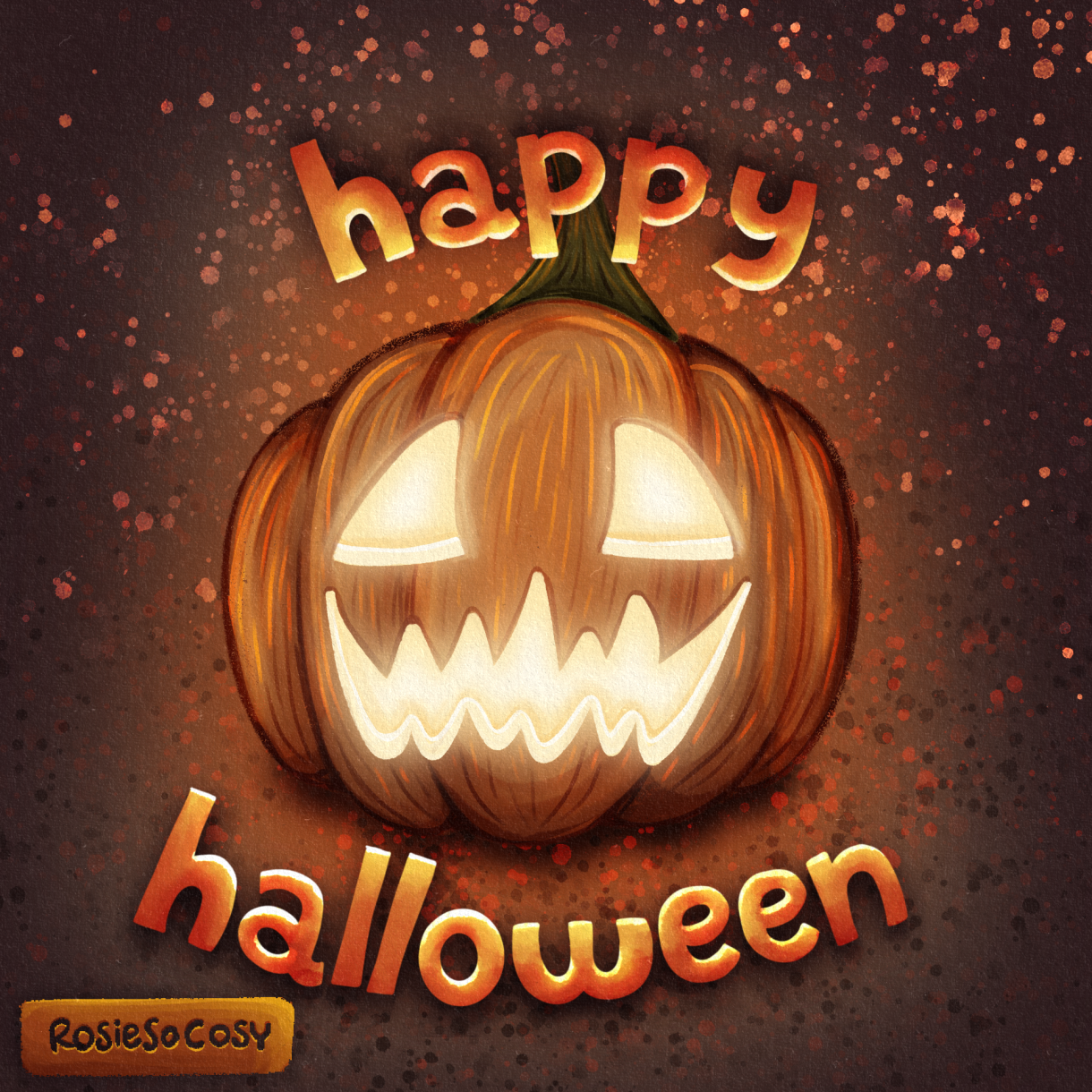An illustration of a Jack O’Lantern carved pumpkin with lit up eyes and mouth. Above the pumpkin it says “happy” and below it says “halloween”