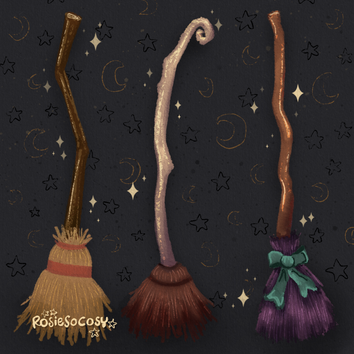 An illustration of 3 witch's brooms. The left one has a dark wooden branch with light brown twigs at the end, with red details. The second broom is a pale creamy branch with reddish brown twigs at the end. The third broom has a medium wooden branch with purple twigs and a turquoise bow around it. The background is very dark blue with yellow moons and even darker blue stars. The brooms are surrounded by sparkles, as if magical.