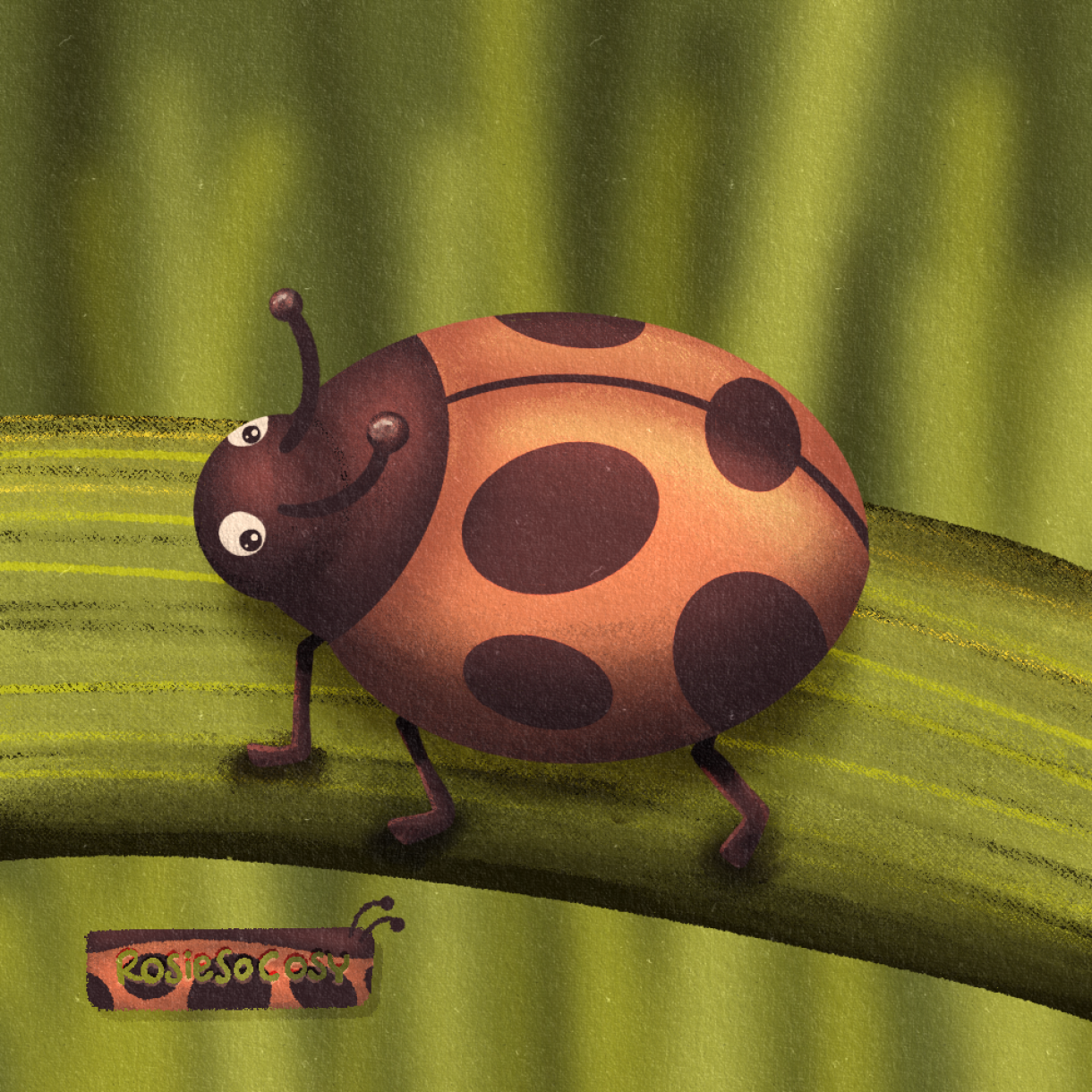 An illustration of a red ladybug with black spots. The ladybug is walking on a small, tall green leaf. The background is blurred out, implying other grassy leaves like the one it’s sitting on.