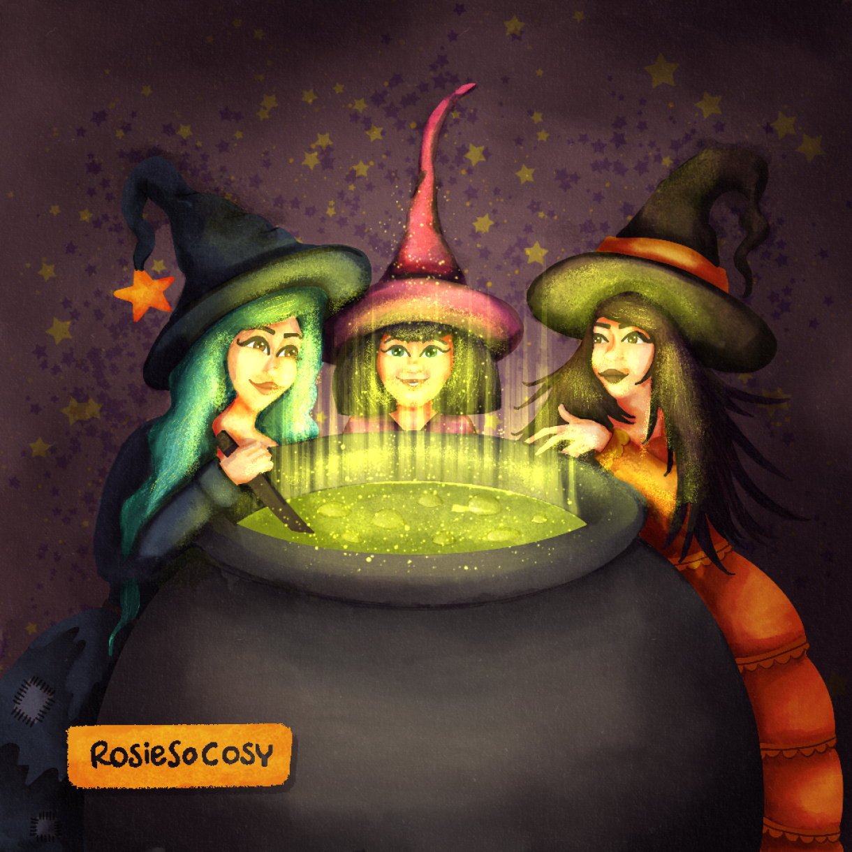 An illustration of three witches standing around a cauldron with a green concoction in it.