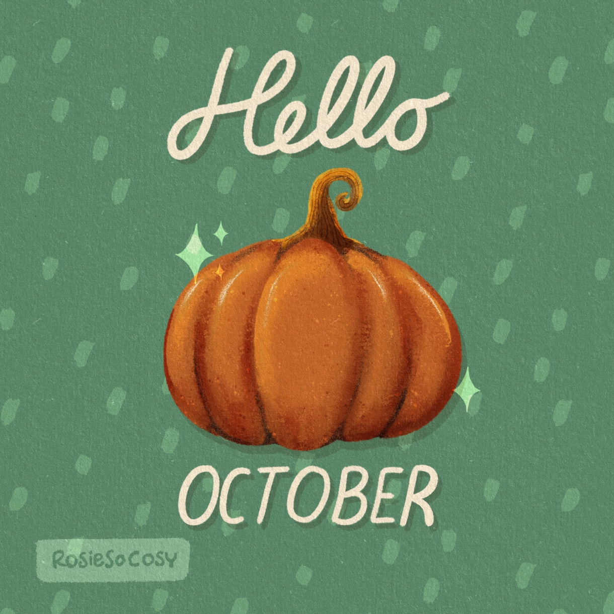Illustration of an orange pumpkin on a seafoam background.