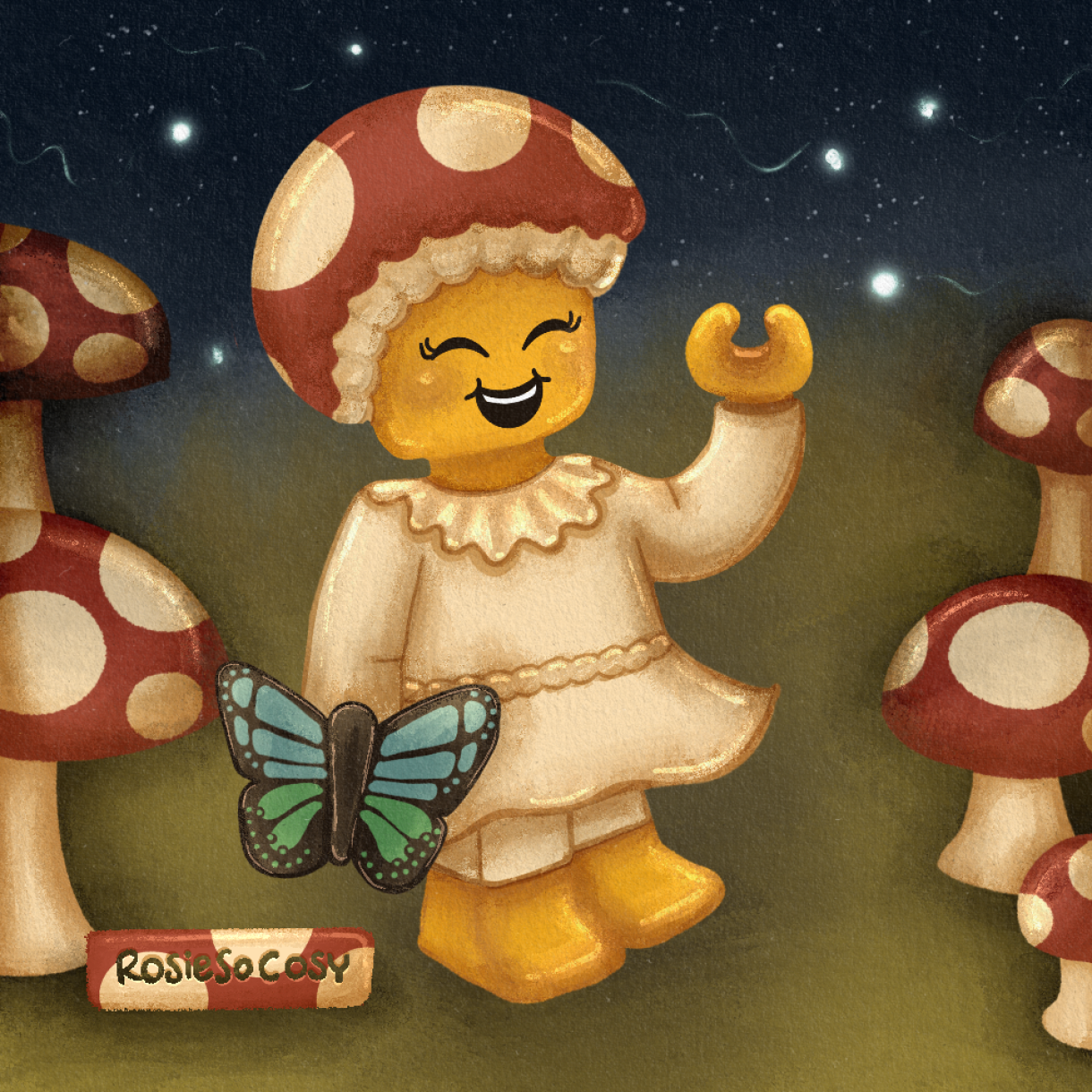 Illustration of a Mushroom Sprite LEGO minifig, holding a black and blue butterfly accessory. The mushroom sprite is surrounded by mushrooms. It’s night time, and in the background is the dark blue sky with faint stars and fireflies.