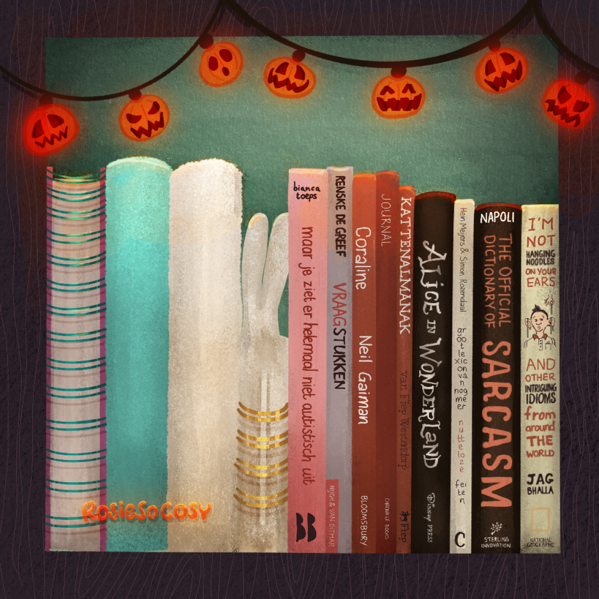 An illustration of a bookcase, up close, showing one shelf or cubby with a variety of books, including Coraline by Neil Gaiman, The Official Sarcasm Dictionary, I’m not hanging noodles on your ears and Alice in Wonderland.