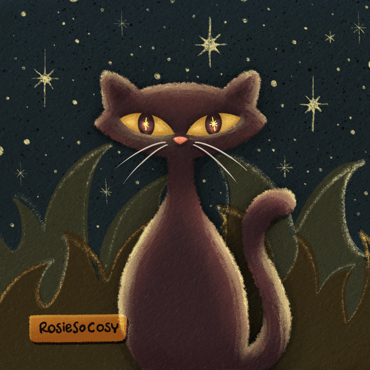 An illustration of a retro, 50s, googie, mid-century modern, atomic style cat. It is a very dark brown, withyellow, starry eyes. It’s nighttime. There are plenty of stars in the background.