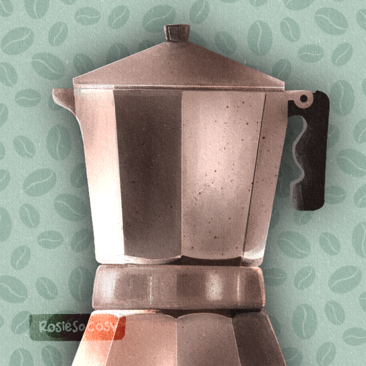 An illustration of a metallic, silver coloured percolator aka moka, which is used to brew coffee. The background is seafoam and shows a coffee bean pattern.