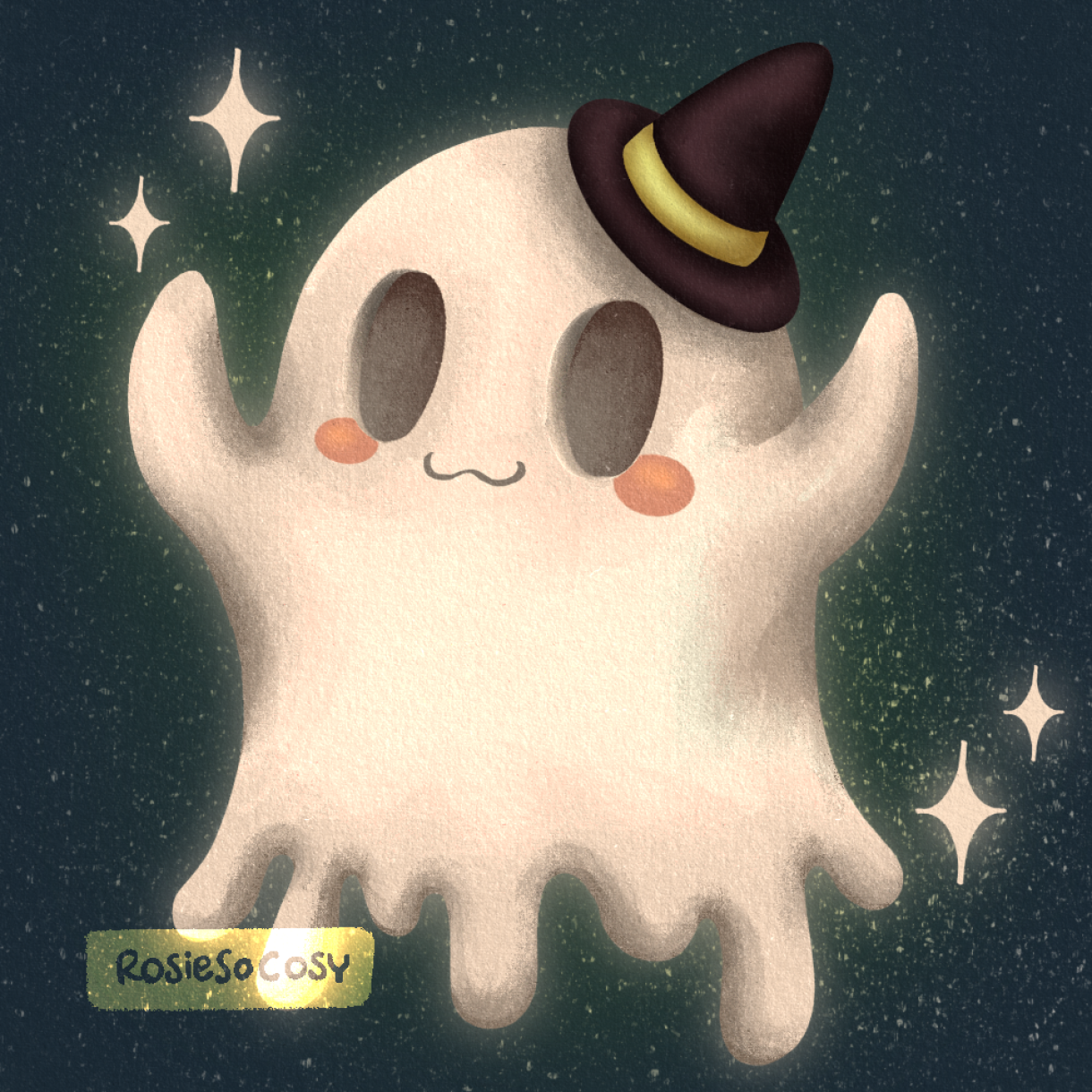An illustration of a cute little floating ghost. Its eyes are hollow. Ghostie is wearing a black witch’s hat with a green ribbon. Around ghostie are sparkles.