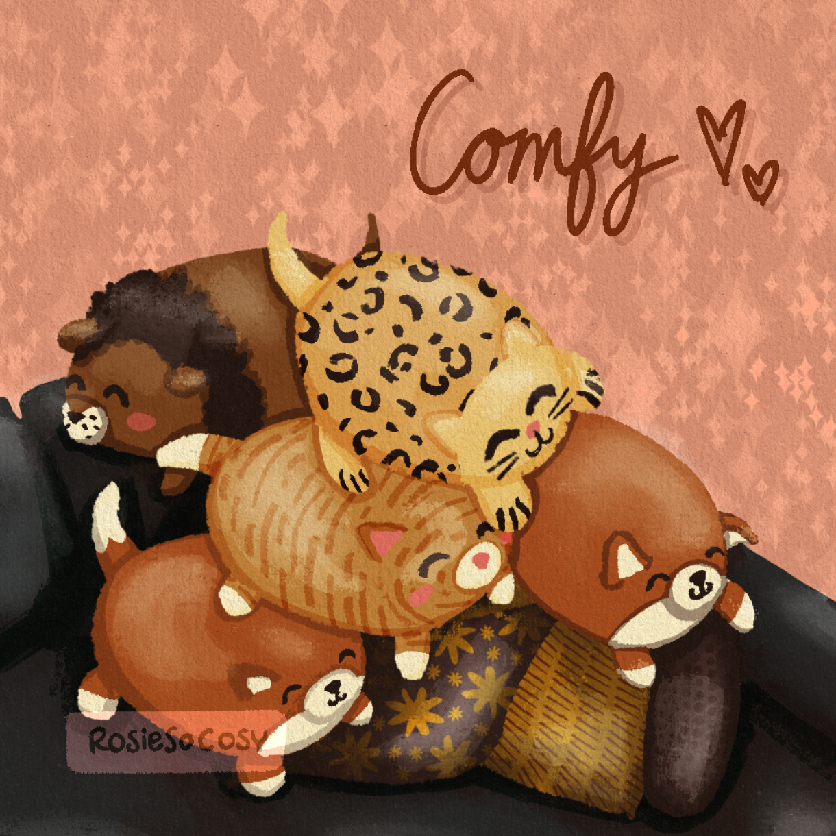 An illustration of a pile of chonky plushies; a lion, an orange tabby cat, a cheetah and 2 foxes