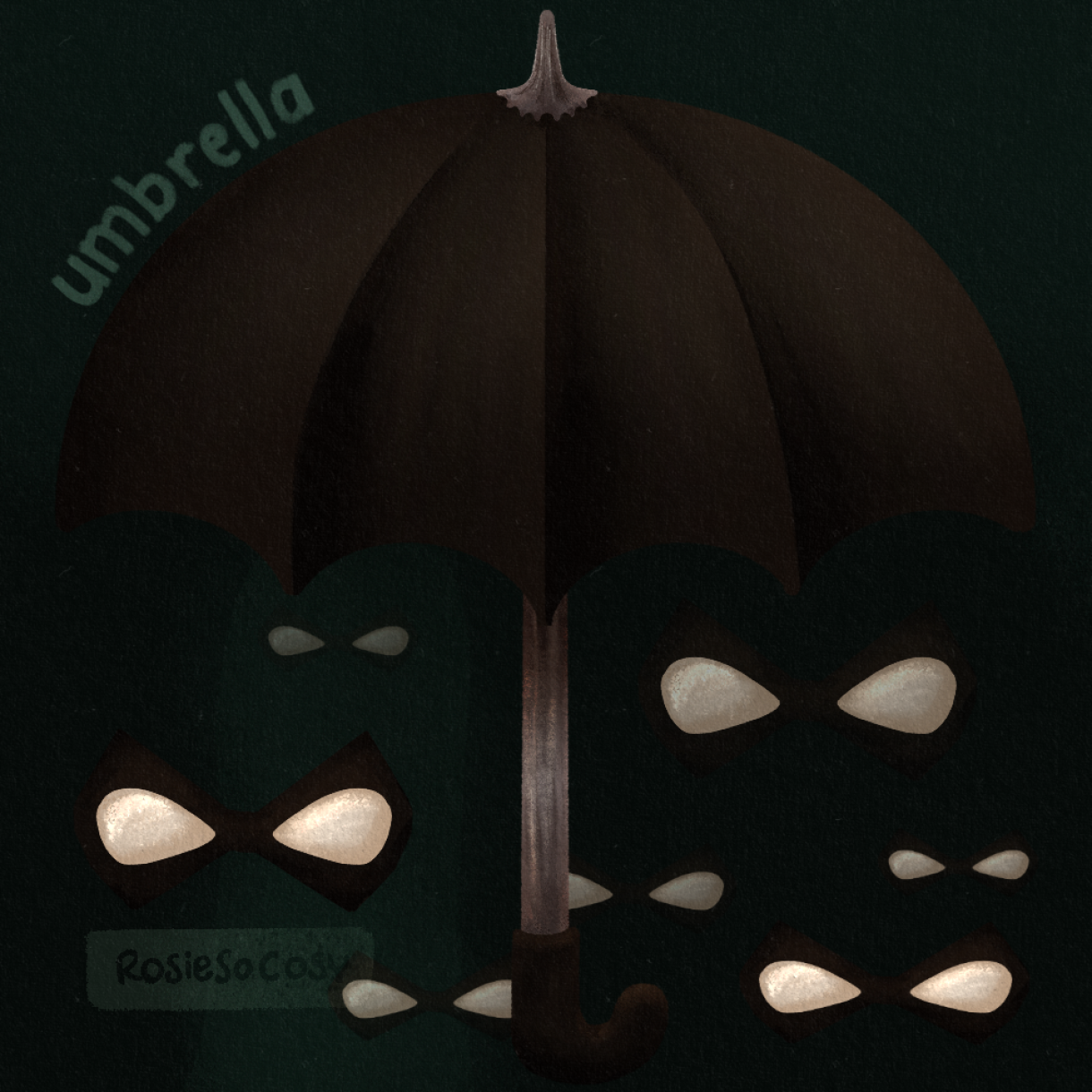 Illustration of a black umbrella with 7 masks of which one worn by a ghost (Ben).