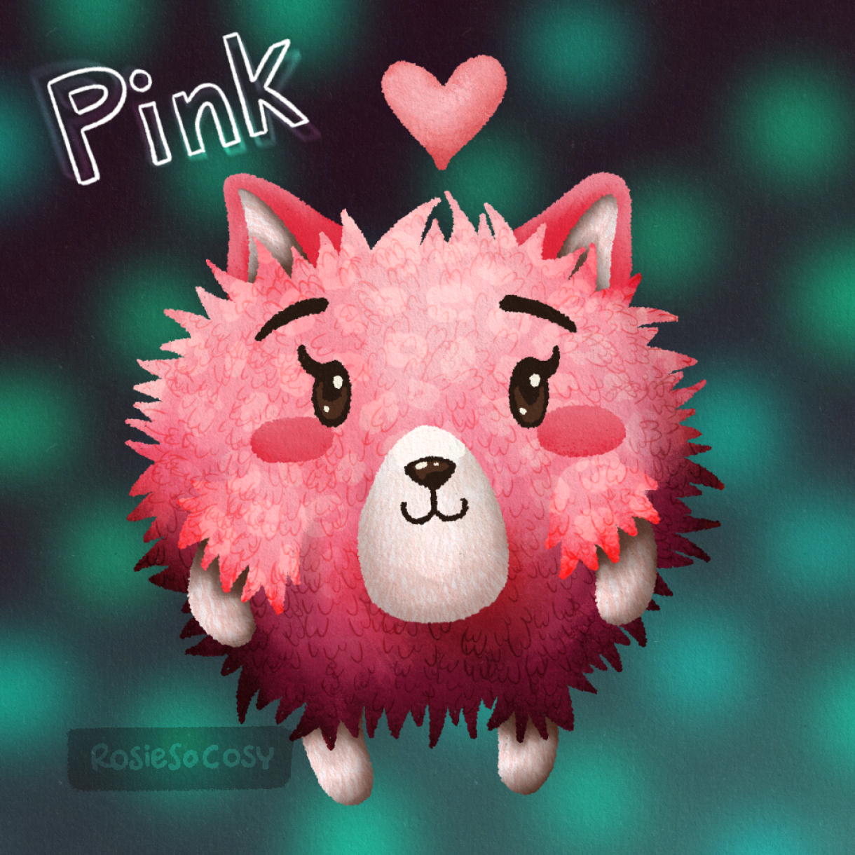 Illustration of a VERY pink, cute cat plush, on a seafoam disco background.