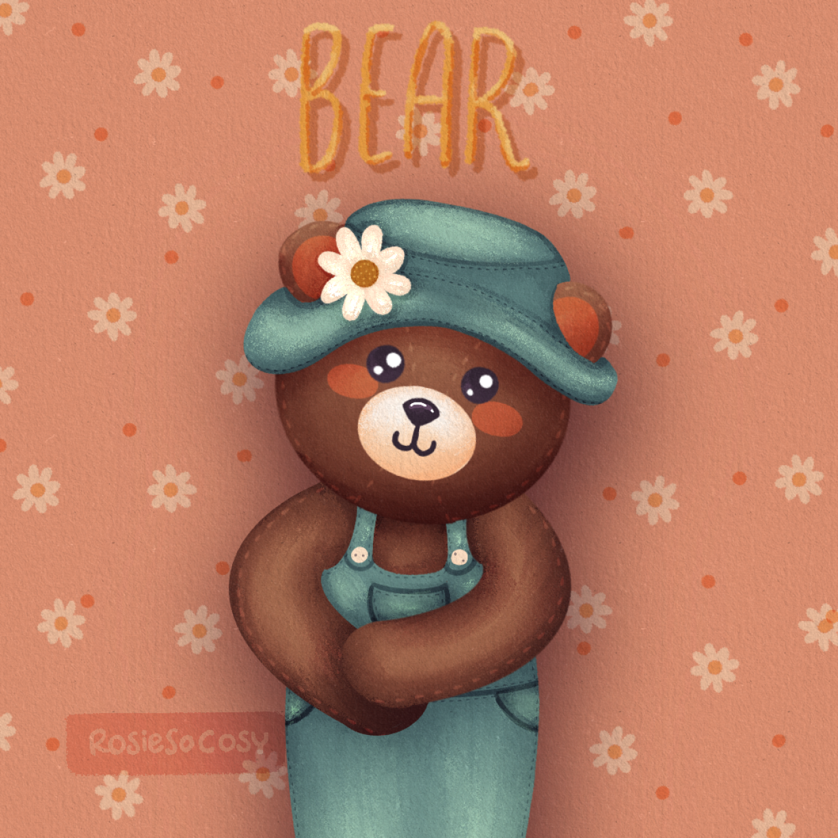 An illustration of a whimsical looking brown bear, wearing denim overalls/pinafore dress and a matching denim hat, with a daisy attached to it.