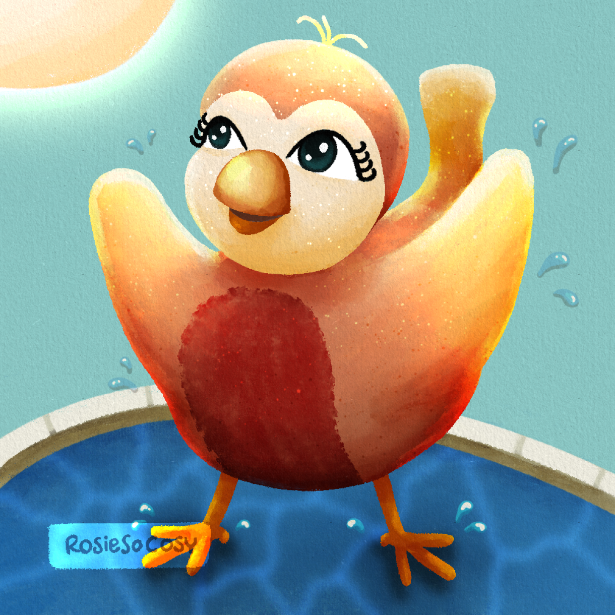 Illustration of an orange bird on a bird bath, playing and splashing in the sun.