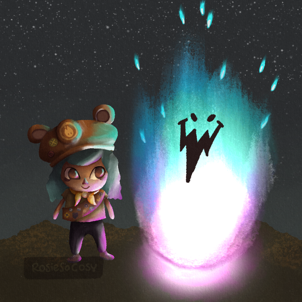 Illustration of a female player Cozy Grove, dressed in a scout’s outfit, and next to her is Flamey, in their big bright white, aqua and fuchsia state, after having received Spirit Logs. The lighting of Flamey is cast on the player.