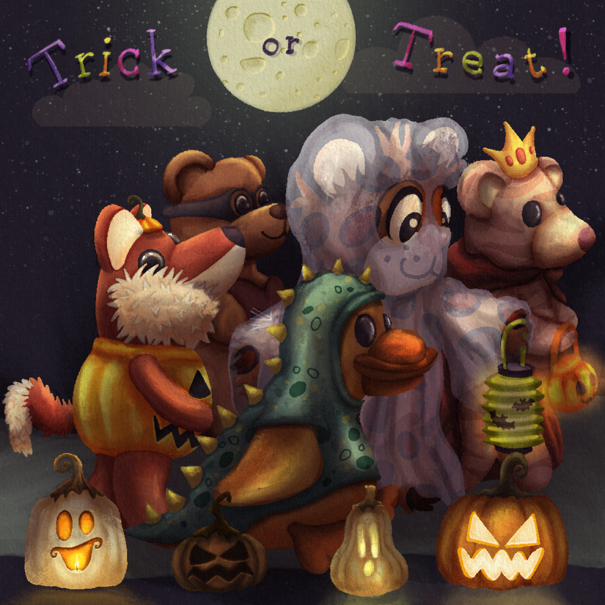 Illustration of 5 plush friends out trick or treating on Halloween. From left to right: Snif the Fox wearing a pumpkin costume, Beertje Bacon as a villain, Duckie as a dinosaur, Junior as a ghost, and Tijgertje as the Queen.