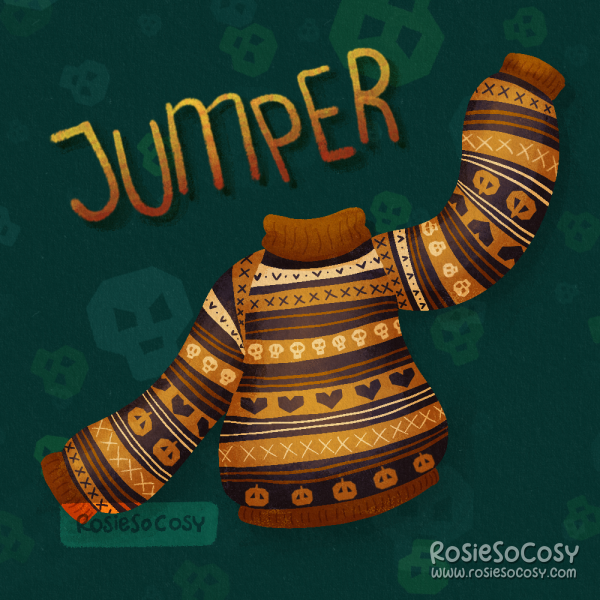Illustration of a Halloween jumper aka sweater. It is yellow, orange and brown. And it features pumpkins, hearts and skulls.