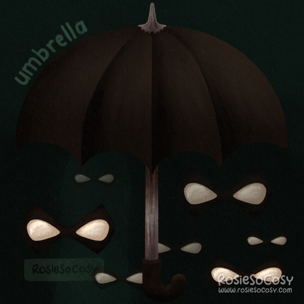 Illustration of a black umbrella with 7 masks of which one worn by a ghost (Ben).