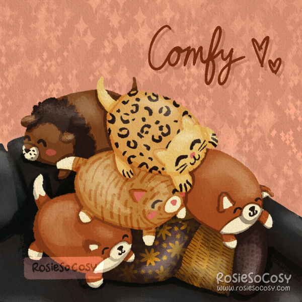 An illustration of a pile of chonky plushies; a lion, an orange tabby cat, a cheetah and 2 foxes