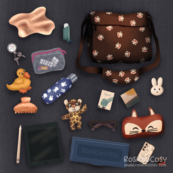 Illustration of a brown messenger bag, with its contents spread out around it. From left to right: a cloth to clean glasses, asthma inhaler, Paul Frank messenger bag, keys on a Maxis keychain, transparent mermaid pouch with meds and lipbalm, yellow Duckie plush, purple Nijntje/Miffy water bottle, Agave watercolour pad, tiny canvas, Nijntje/Miffy coin purse, orange glittery hair clip, Junior the leopard plushie, glasses, fluffy fox pencil pouch, Apple pencil, iPad, Mijello palette, Samsung phone and lipbalm