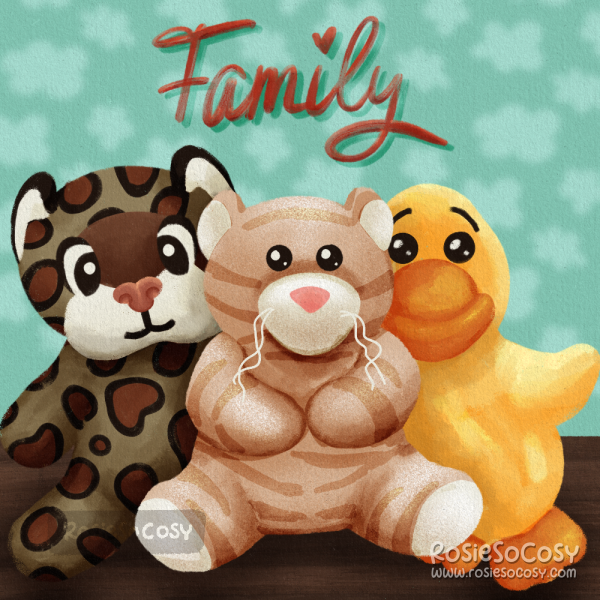 An illustration of three plush animals. From left to right, a leopard, a tiger, and a duck.